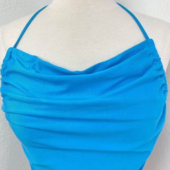 Peacock Blue Wrap Jersey Knit Halter Top Sm/Med Backless Boho Gypsy Coquette - Picture 2 of 8